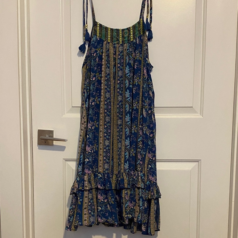 Bohemian Blue Floral Mini Dress with Tassel Straps